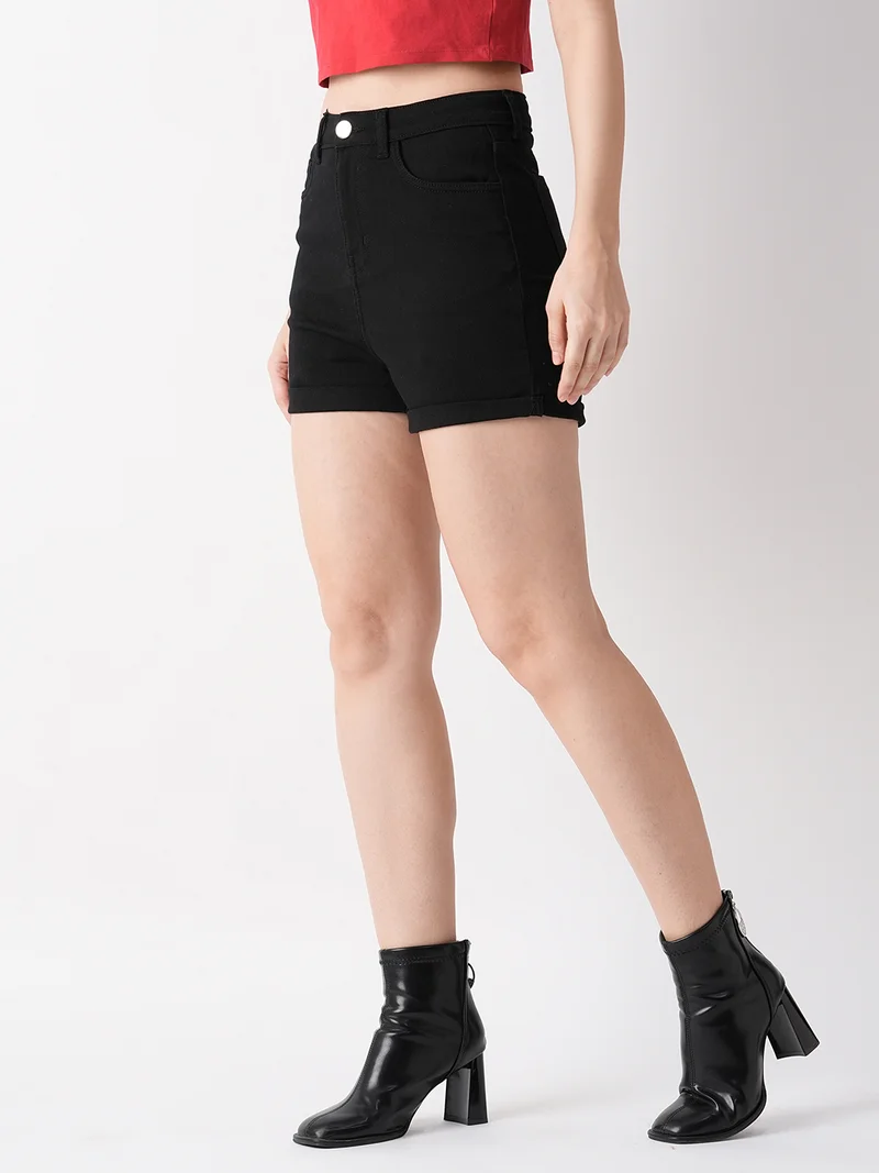 globus Women Black Slim Fit Denim Shorts