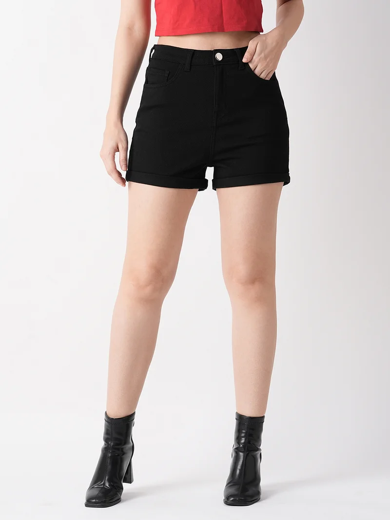 globus Women Black Slim Fit Denim Shorts