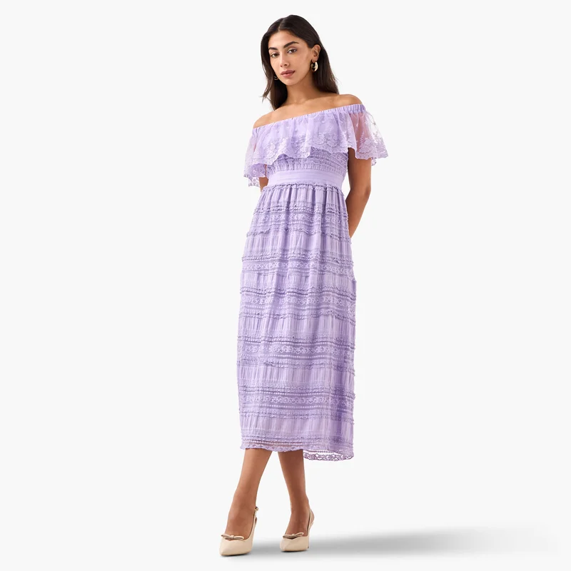2Xtremz 2Xtremz Lace Off Shoulder Dress with Ruffle Polyester