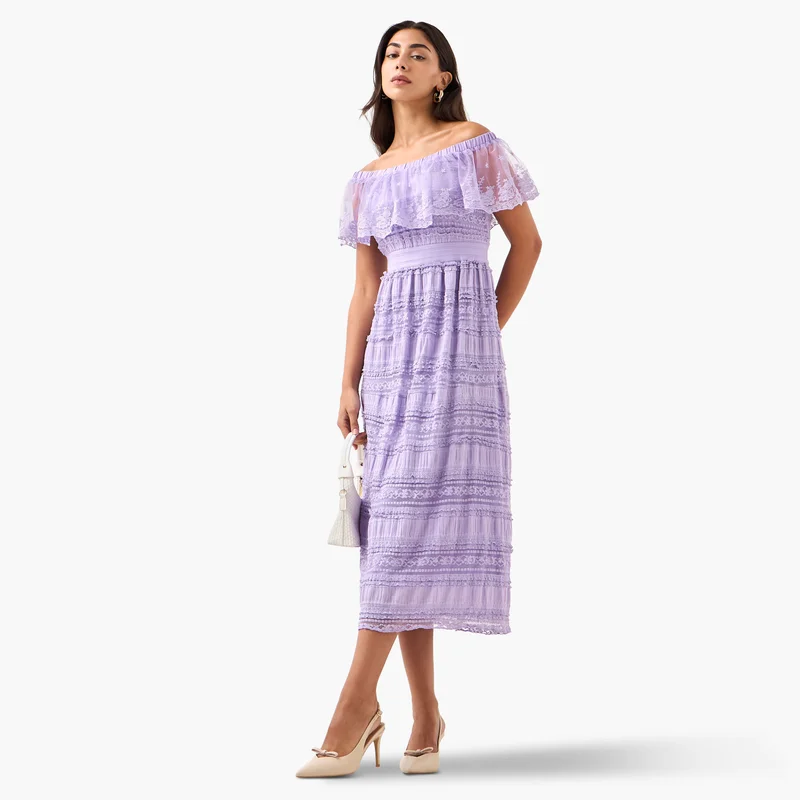 2Xtremz 2Xtremz Lace Off Shoulder Dress with Ruffle Polyester