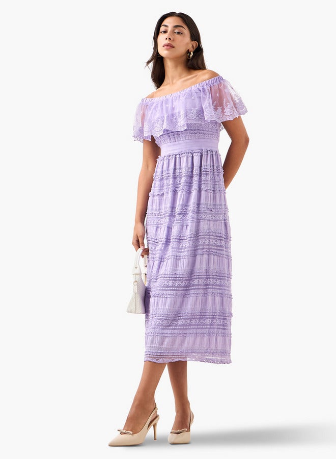 تواكستريمز فستان كتف مكشوف دانتيل  بكسرات بوليستر - Image 1