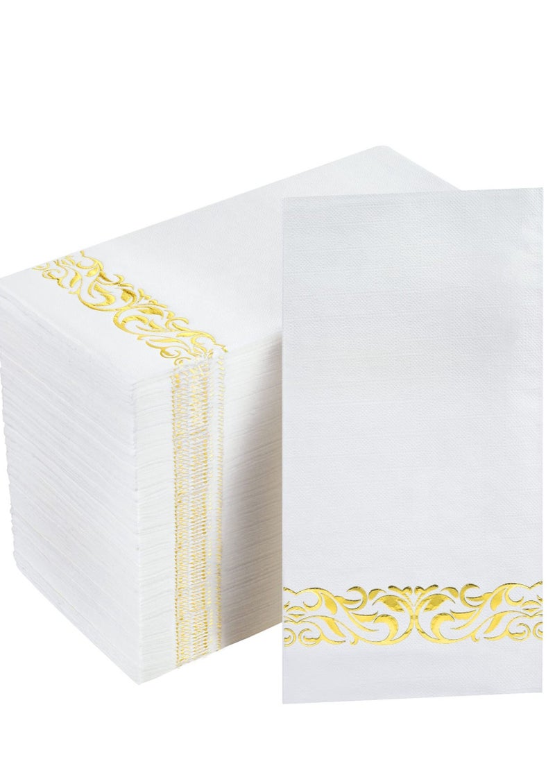 SYOSI 100 Pcs Paper Napkins Disposable Hand Towels for Bathroom, Gold-Stamping 3-Ply Soft and Absorbent Guest Dinner Napkins Durable Party Napkins for Kitchen, Wedding, Dinners or Events, White and Gold - Image 1