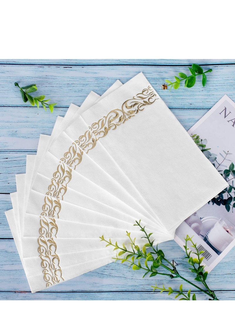 SYOSI 100 Pcs Paper Napkins Disposable Hand Towels for Bathroom, Gold-Stamping 3-Ply Soft and Absorbent Guest Dinner Napkins Durable Party Napkins for Kitchen, Wedding, Dinners or Events, White and Gold - Image 5