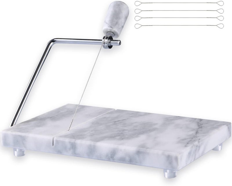 SIPARUI Cheese Slicer, Cheese Cutter Heavy Duty 5" x 8", Polished Marble Cheese Slicer Board for Cut Block Cheeses, Butter, Meats, Other Appetizers (White Grey) - Image 1