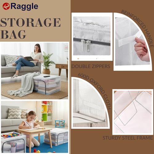 Raggle 3PCS polycotton Clothes Storage Organizer Bins, Foldable Storage Bins-Cloth Steel Frame Storage Box with Foldable Clear Window & Reinforced Handles 50 * 40 * 30CM (Transparent, 66L-3) - Image 3