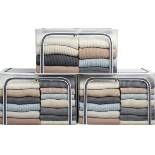 Raggle 3PCS polycotton Clothes Storage Organizer Bins, Foldable Storage Bins-Cloth Steel Frame Storage Box with Foldable Clear Window & Reinforced Handles 50 * 40 * 30CM (Transparent, 66L-3) - Image 1