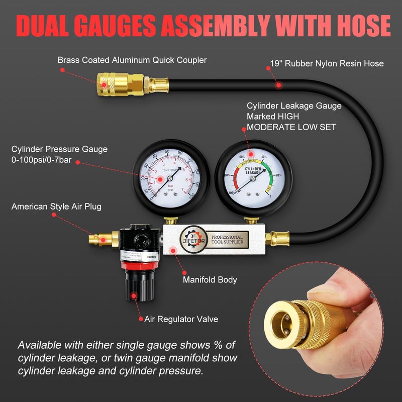 JIFETOR Cylinder Leak Down Tester Kit, Professional Dual Pressure Gauges Engine Compression Leakdown Detector Leakage Test Set for Gasoline Engine with 10 12 14mm Spark Plugs on Car Truck Motorcycle - Image 3