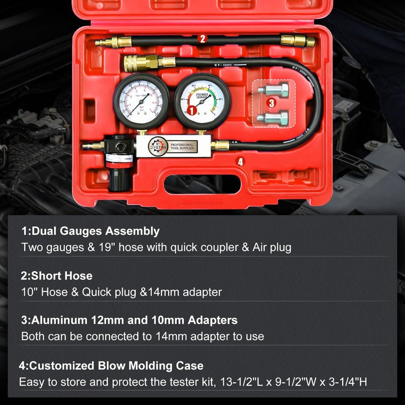 JIFETOR Cylinder Leak Down Tester Kit, Professional Dual Pressure Gauges Engine Compression Leakdown Detector Leakage Test Set for Gasoline Engine with 10 12 14mm Spark Plugs on Car Truck Motorcycle - Image 2