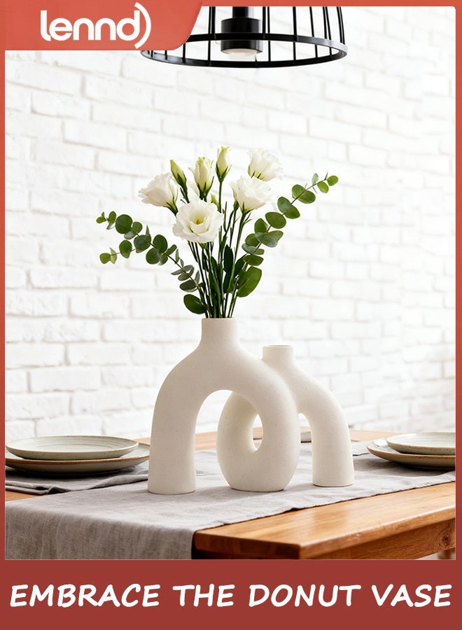 لينند مجموعة مزهريات ديكورية على شكل دونات - مزهريات عصرية على طراز بوهو النوردي، ديكورات سيراميك غير لامعة لرفوف غرفة المعيشة، أو رف كتب، أو طاولة مدخل، أو ديكور وحدة تحكم - Image 1
