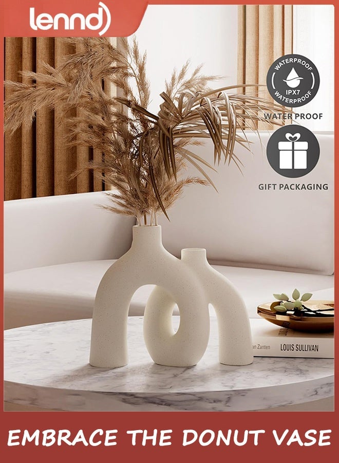لينند مجموعة مزهريات ديكورية على شكل دونات - مزهريات عصرية على طراز بوهو النوردي، ديكورات سيراميك غير لامعة لرفوف غرفة المعيشة، أو رف كتب، أو طاولة مدخل، أو ديكور وحدة تحكم - Image 4