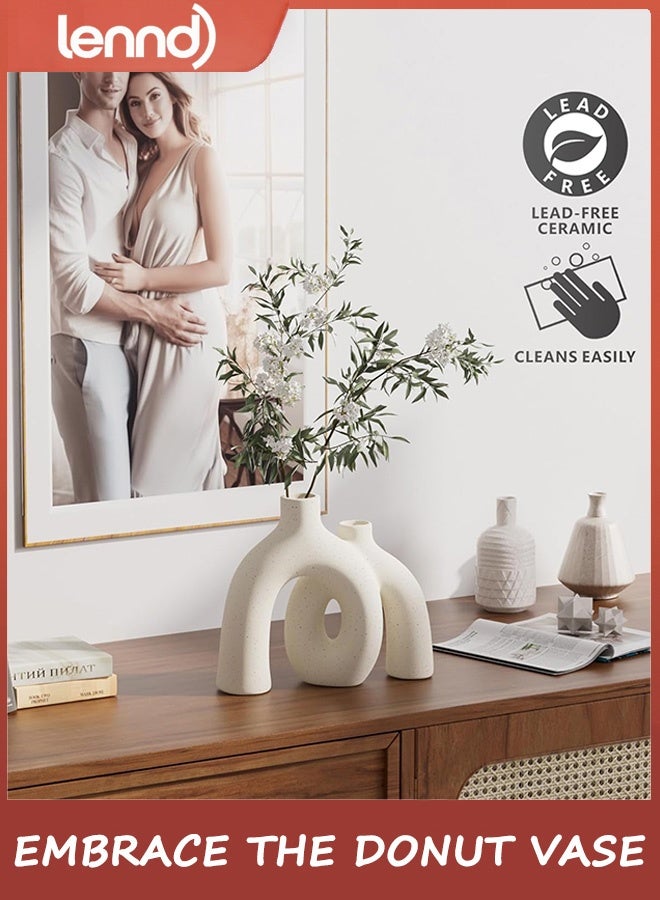 لينند مجموعة مزهريات ديكورية على شكل دونات - مزهريات عصرية على طراز بوهو النوردي، ديكورات سيراميك غير لامعة لرفوف غرفة المعيشة، أو رف كتب، أو طاولة مدخل، أو ديكور وحدة تحكم - Image 3