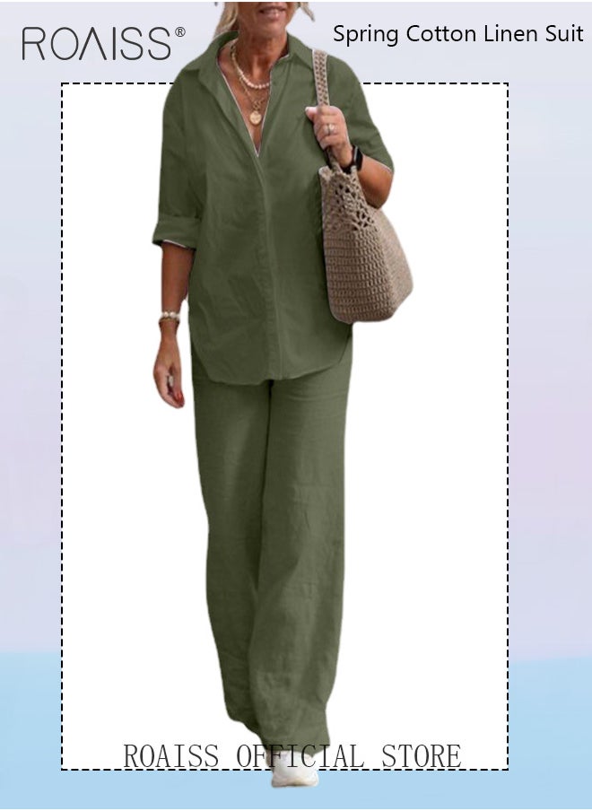 roaiss - Ladies Comfortable Cotton Linen 2 Piece Suit for Daily Commute - Shirt and Wide Leg Pants Set with Simple Loose Fit Design for Leisure - Image 1