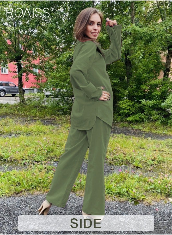 roaiss - Ladies Comfortable Cotton Linen 2 Piece Suit for Daily Commute - Shirt and Wide Leg Pants Set with Simple Loose Fit Design for Leisure - Image 1