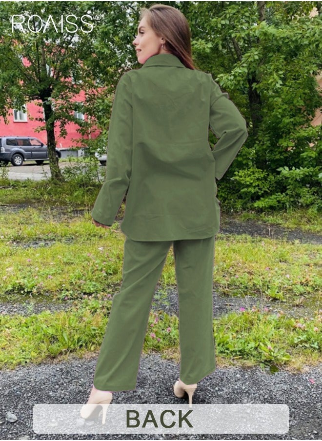 roaiss - Ladies Comfortable Cotton Linen 2 Piece Suit for Daily Commute - Shirt and Wide Leg Pants Set with Simple Loose Fit Design for Leisure - Image 1