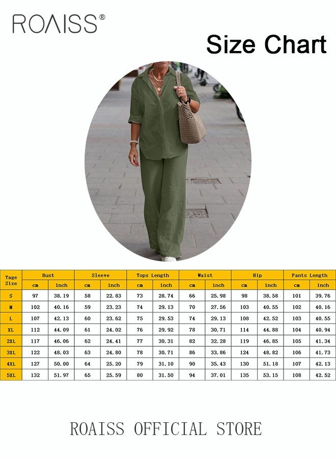 roaiss Ladies Comfortable Cotton Linen 2 Piece Suit for Daily Commute - Shirt and Wide Leg Pants Set with Simple Loose Fit Design for Leisure  - Image 4