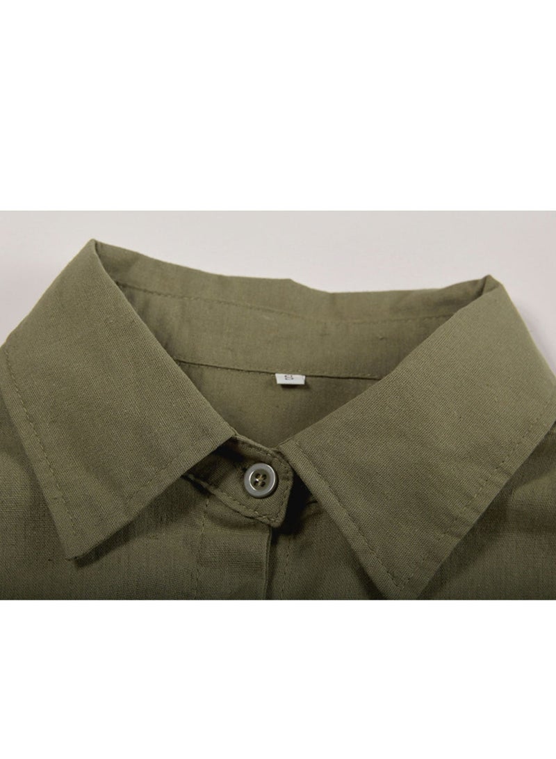 رويس السيدات ملابس 2 قطعة من القطن الكتان المريحة للارتداء اليومي - قميص وبنطال واسع الساقين بتصميم بسيط وتناسب فضفاض للترفيه، وحرية الحركة. - Image 5