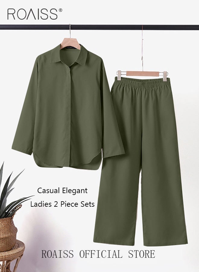 roaiss Ladies Comfortable Cotton Linen 2 Piece Suit for Daily Commute, Long sleeves Shirt and Wide Leg Pants Set with Simple Loose Fit Design, Leisure Casual solid color shirt set, Green - Image 2