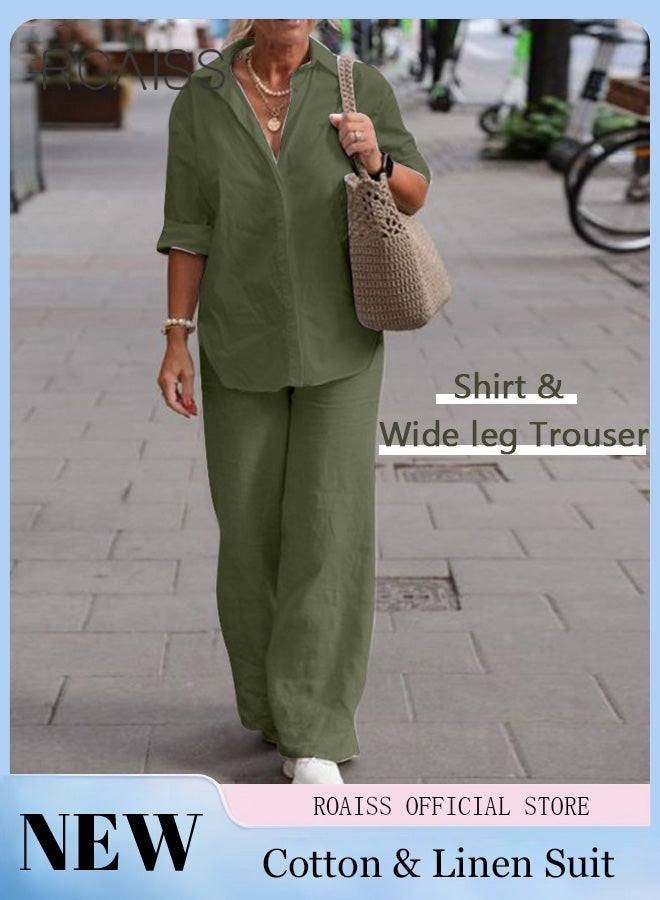 roaiss Ladies Comfortable Cotton Linen 2 Piece Suit for Daily Commute, Long sleeves Shirt and Wide Leg Pants Set with Simple Loose Fit Design, Leisure Casual solid color shirt set, Green - Image 1