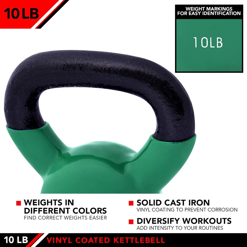 JFIT Vinyl-Coated Cast Iron Kettlebell Weight â€“ Flat Bottom Kettlebell for Strength Training, Cross Training & Home Gym Workouts, 10LB-Green - Image 4