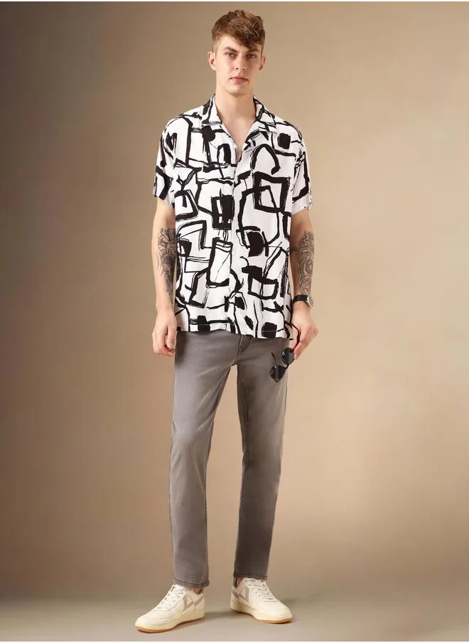 دينيس لينغو Relaxed Fit Multi Colour Rayon Made Printed Casual Shirt with Cuban Collar and Half Sleeve