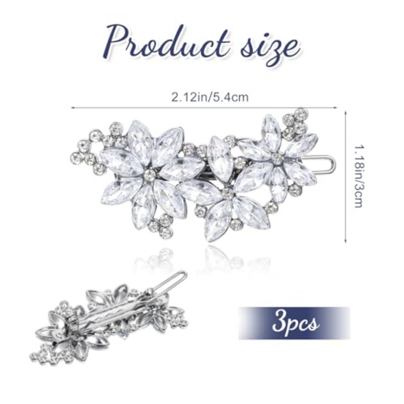 3 PCS Rhinestone Flower Hair Clips, Rhinestone Wedding Hair Clips, Silver Bridal Hairpin Barrette, Fancy Flower Hairs Barrettes for Women Bride - Image 2
