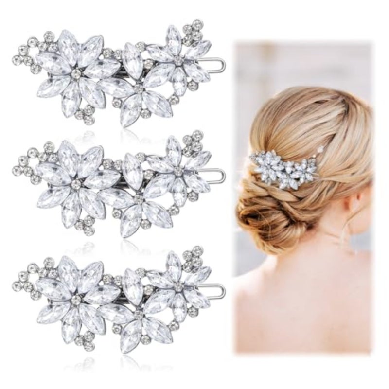 3 PCS Rhinestone Flower Hair Clips, Rhinestone Wedding Hair Clips, Silver Bridal Hairpin Barrette, Fancy Flower Hairs Barrettes for Women Bride - Image 1