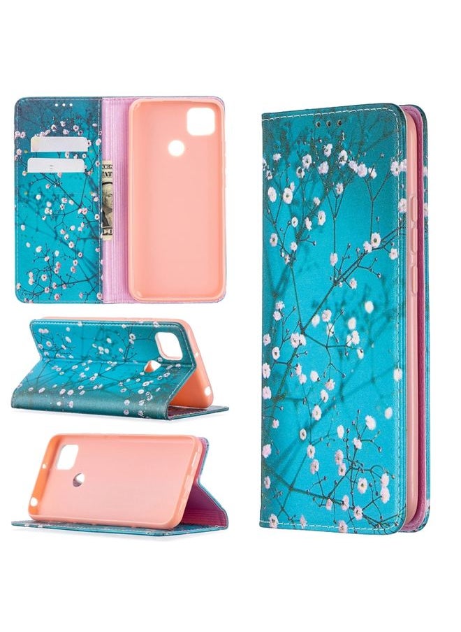HuHa Case Cover For Xiaomi Redmi 9C Colored Drawing Pattern Invisible Magnetic Horizontal Flip PU Leather Case with Holder & Card Slots & Wallet Plum Blossom 