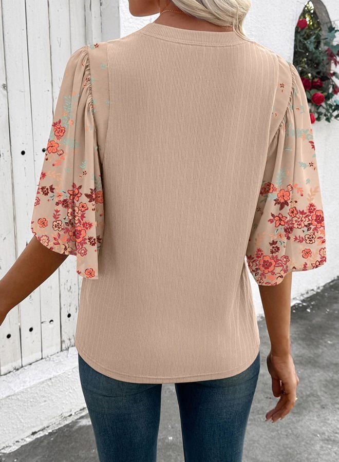 EVALESS 3/4 Length Sleeve Womens Tops Dressy Casual Blouses Floral Print Crewneck Patchwork Shirts 2026 Spring Outfits, Dark Khaki, XXL - Image 4