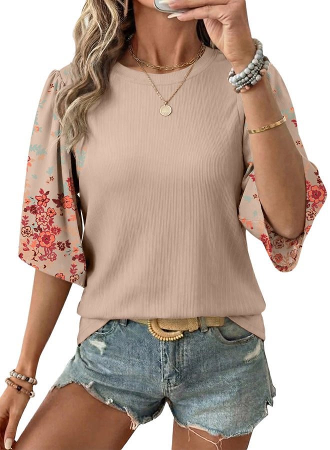 EVALESS 3/4 Length Sleeve Womens Tops Dressy Casual Blouses Floral Print Crewneck Patchwork Shirts 2026 Spring Outfits, Dark Khaki, XXL - Image 1