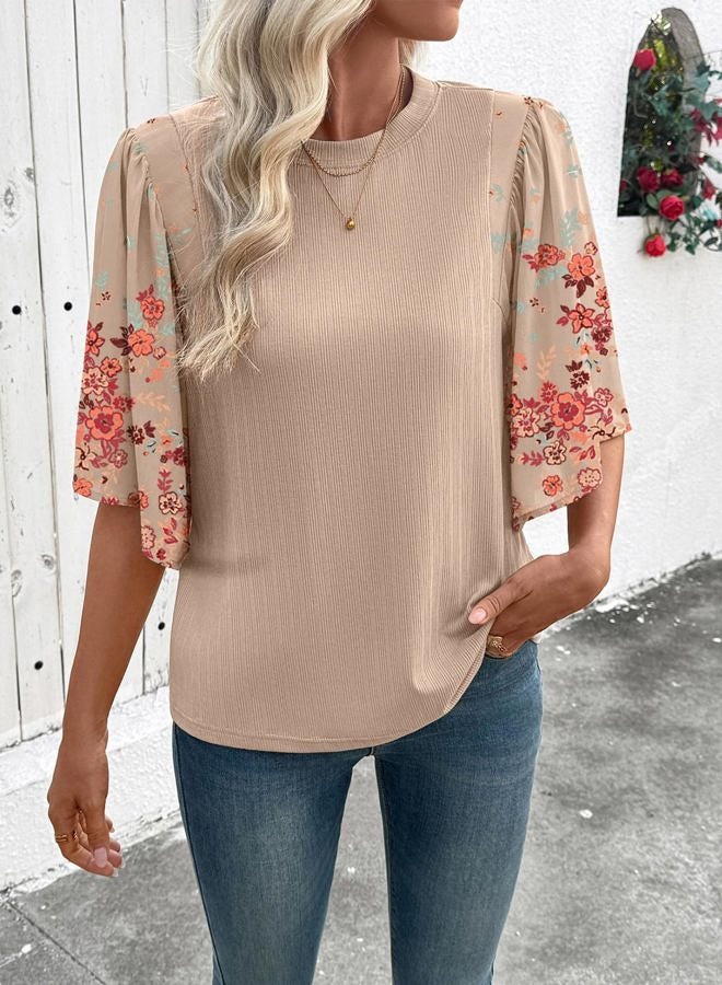 EVALESS 3/4 Length Sleeve Womens Tops Dressy Casual Blouses Floral Print Crewneck Patchwork Shirts 2026 Spring Outfits, Dark Khaki, XXL - Image 3