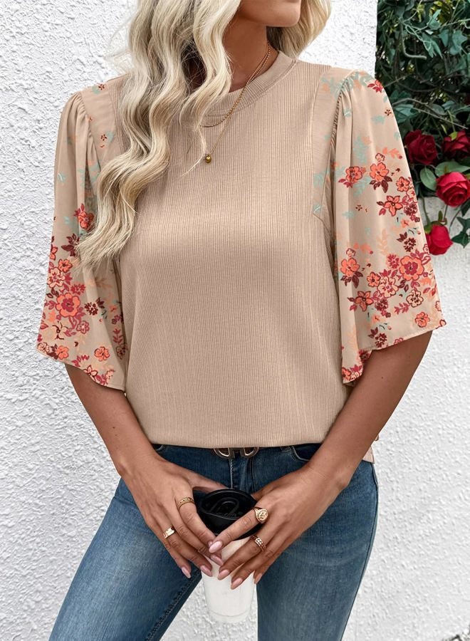 EVALESS 3/4 Length Sleeve Womens Tops Dressy Casual Blouses Floral Print Crewneck Patchwork Shirts 2026 Spring Outfits, Dark Khaki, XXL - Image 2