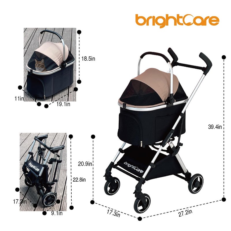 BRIGHTCARE Pet Stroller for Small Dogs & Cats Under 20 lb with Detachable Carrier, Converts to Car Seat, Ultra-Lightweight only 11lb, One Hand Fold - Image 3