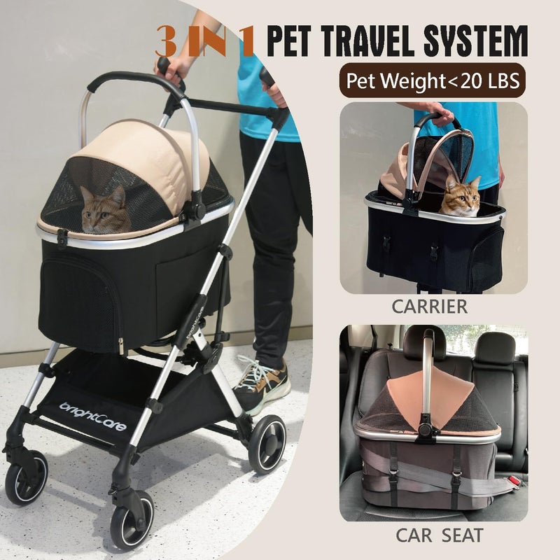 BRIGHTCARE Pet Stroller for Small Dogs & Cats Under 20 lb with Detachable Carrier, Converts to Car Seat, Ultra-Lightweight only 11lb, One Hand Fold - Image 5