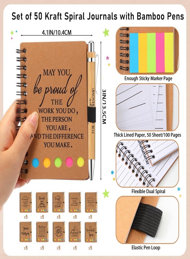 Honoson 50 Set End of Year Teacher Appreciation Gifts Bulk Inspirational Notebook with Sticky Note and Bamboo Pen Set Coworker Thank You Gifts for Employee Team Staff Office Group (Kraft) - Image 2