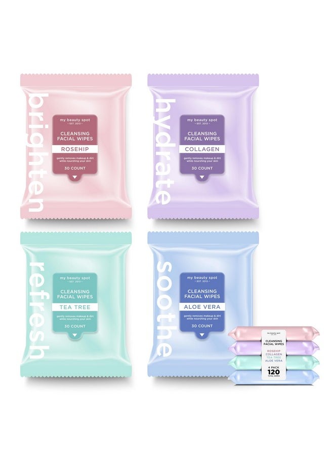 My Beauty Spot - 4 Pack Face Wipes For Women Cleansing Makeup Remover Wipes With Tea Tree Collagen Aloe Vera Rosehip 120 Pcs Face Cleansing Wipes - Image 1