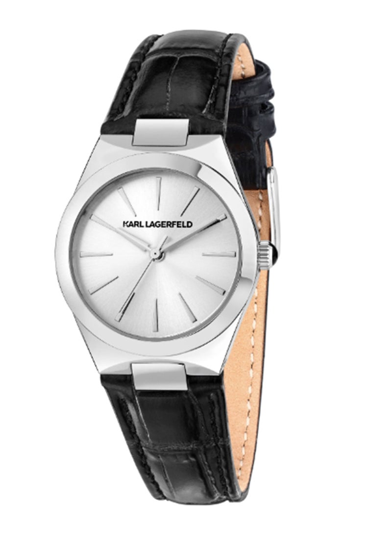 Karl Lagerfeld Women's 30MM Silver, Sunray Dial Black Leather Watch - R0551105501 - Image 1