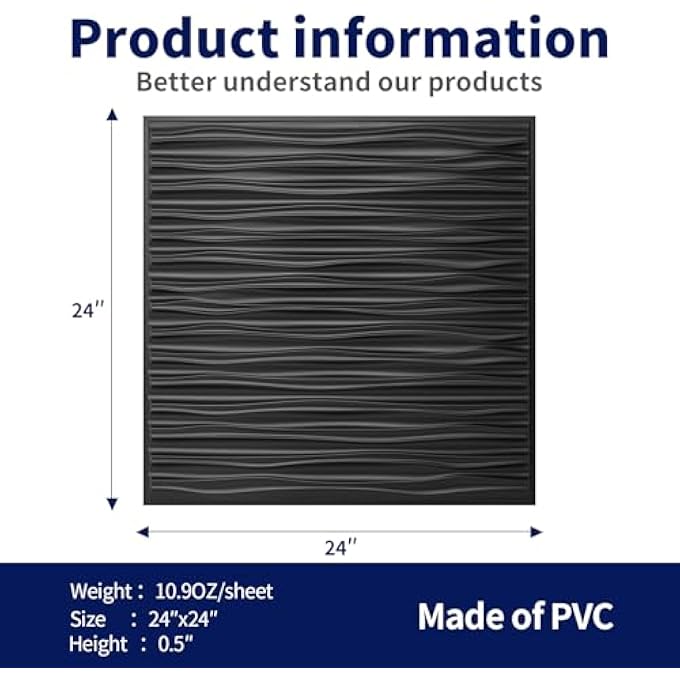 CEILING TILES 24 X 24 FOR INTERIOR WALL DCOR, 12 PACK DROP CEILING TILE 3D WALL PANEL FIRE RATED WATERPROOF PREMIUM PVC, NO SAG AND BREAKAGE WALL PANELS COVER 48.SQ.FT. BLACK - Image 3