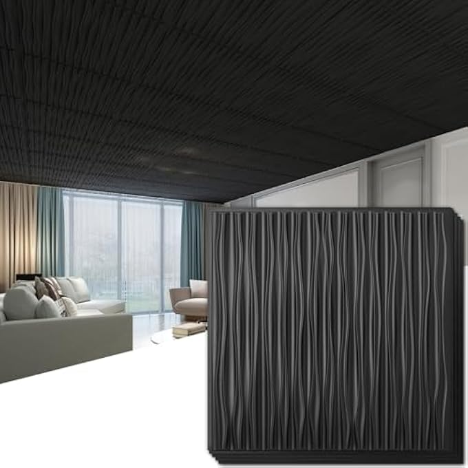 CEILING TILES 24 X 24 FOR INTERIOR WALL DCOR, 12 PACK DROP CEILING TILE 3D WALL PANEL FIRE RATED WATERPROOF PREMIUM PVC, NO SAG AND BREAKAGE WALL PANELS COVER 48.SQ.FT. BLACK - Image 2