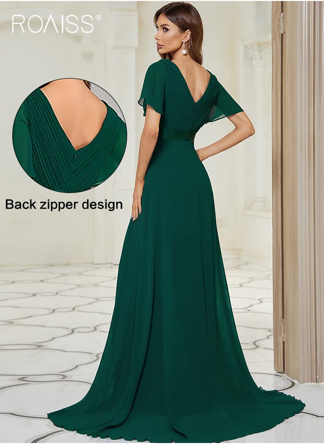roaiss - Chiffon V-Neck  Short Sleeve Trumpet Sleeves Dress for Women Ruffles Big Hem High Waist Floor-Length Skirt Elegant Premium Banquet Bridesmaid Dresses Soft Stretchy Skin-Friendly Comfortable Maxi  High-Rise Skirt for Ladies Ramadan Eid al-Adha - Image 1