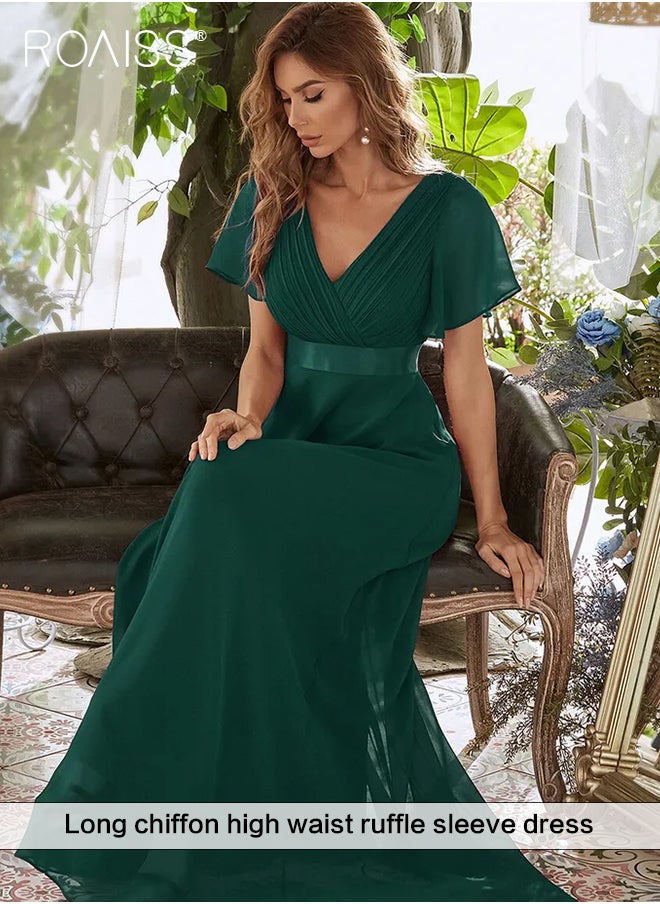 roaiss - Chiffon V-Neck  Short Sleeve Trumpet Sleeves Dress for Women Ruffles Big Hem High Waist Floor-Length Skirt Elegant Premium Banquet Bridesmaid Dresses Soft Stretchy Skin-Friendly Comfortable Maxi  High-Rise Skirt for Ladies Ramadan Eid al-Adha - Image 1