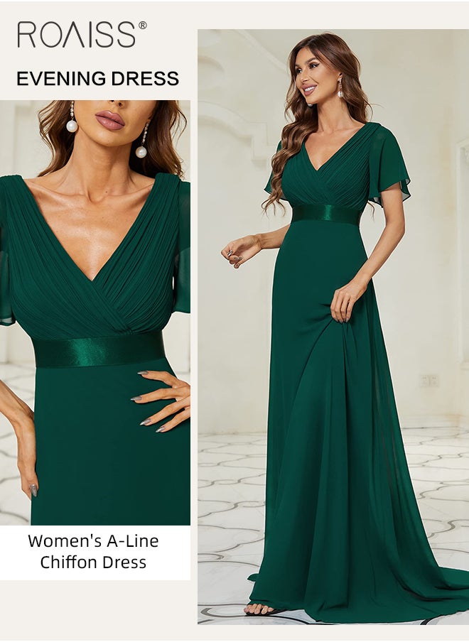 roaiss - Chiffon V-Neck  Short Sleeve Trumpet Sleeves Dress for Women Ruffles Big Hem High Waist Floor-Length Skirt Elegant Premium Banquet Bridesmaid Dresses Soft Stretchy Skin-Friendly Comfortable Maxi  High-Rise Skirt for Ladies Ramadan Eid al-Adha - Image 1