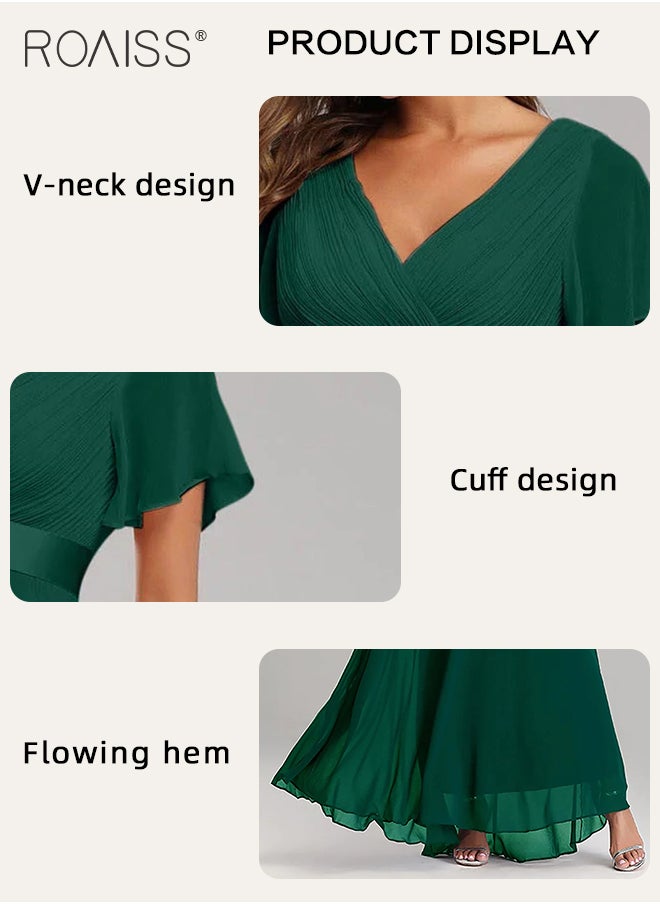 roaiss - Chiffon V-Neck  Short Sleeve Trumpet Sleeves Dress for Women Ruffles Big Hem High Waist Floor-Length Skirt Elegant Premium Banquet Bridesmaid Dresses Soft Stretchy Skin-Friendly Comfortable Maxi  High-Rise Skirt for Ladies Ramadan Eid al-Adha - Image 1