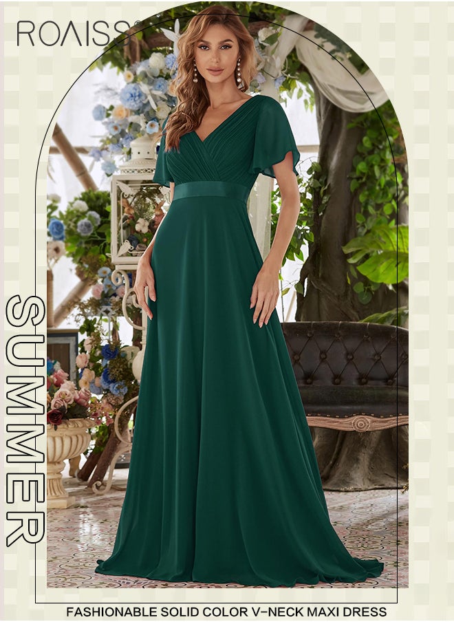 roaiss - Chiffon V-Neck  Short Sleeve Trumpet Sleeves Dress for Women Ruffles Big Hem High Waist Floor-Length Skirt Elegant Premium Banquet Bridesmaid Dresses Soft Stretchy Skin-Friendly Comfortable Maxi  High-Rise Skirt for Ladies Ramadan Eid al-Adha - Image 1