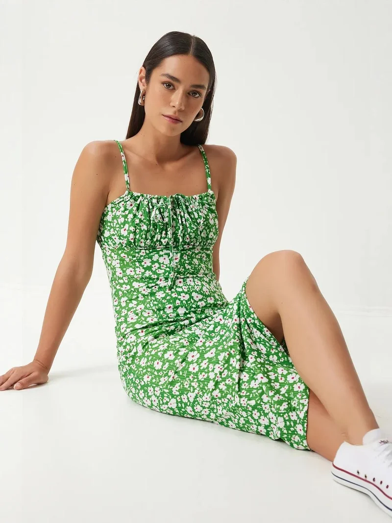 Happiness İstanbul ISTANBUL Floral Ribbed Bodycon Midi Dress with Slit