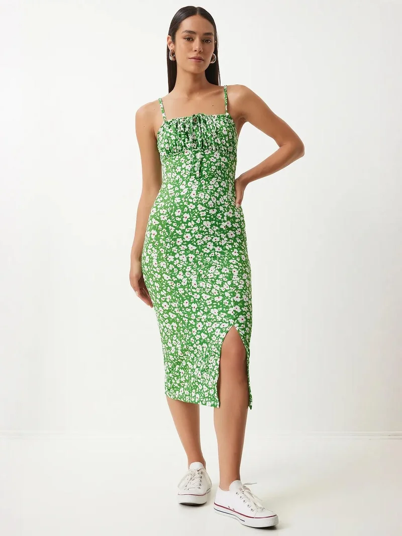 Happiness İstanbul ISTANBUL Floral Ribbed Bodycon Midi Dress with Slit