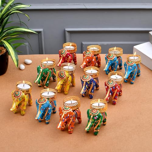 Pride Store Handcrafted Elephant Tealight Candle Multicolor Candles for Home Decoration Diwali Laxmi Poojan Elephant Tea Light Candle Holder Birthday Decor Diwali Decoration tealight Candles (Pack of 12) - Image 1