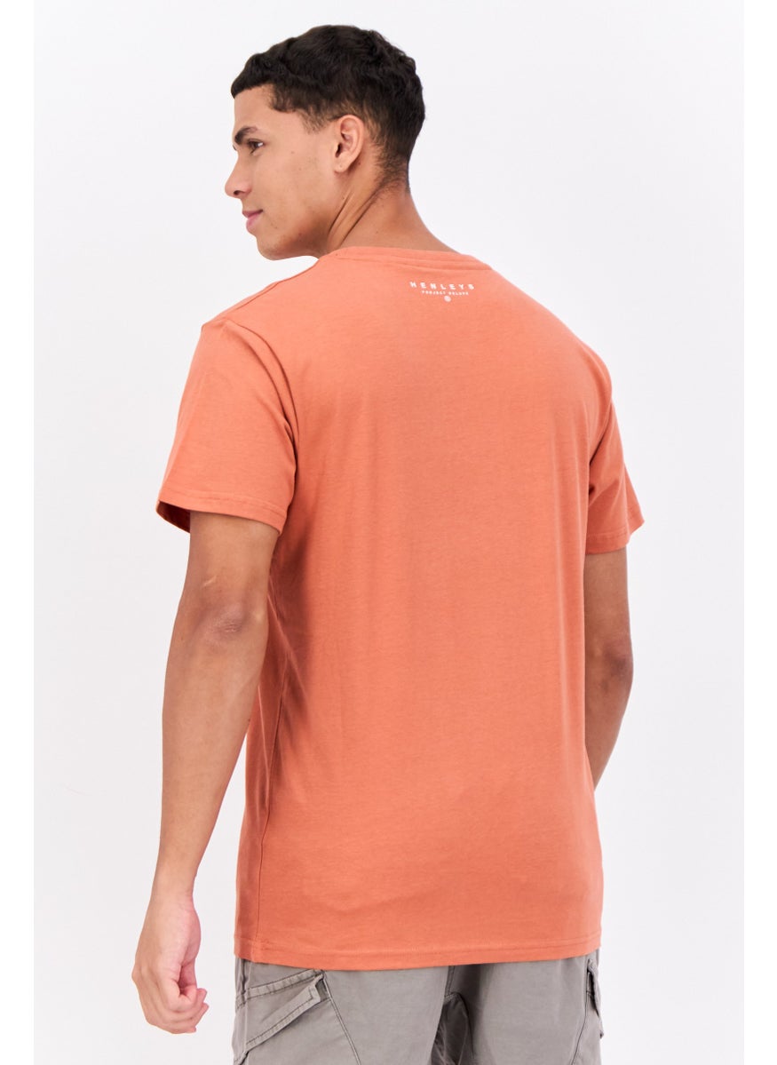 Henleys - Men Crew Neck Short Sleeves Brand Logo T-Shirt, Coral - Image 1