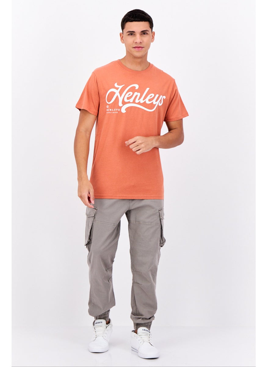Henleys - Men Crew Neck Short Sleeves Brand Logo T-Shirt, Coral - Image 1