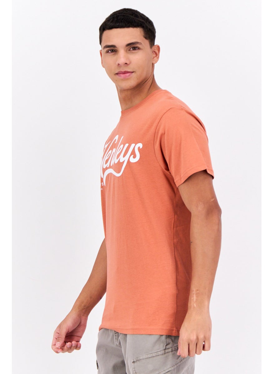 Henleys - Men Crew Neck Short Sleeves Brand Logo T-Shirt, Coral - Image 1