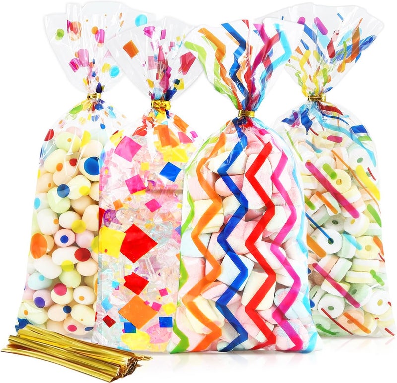 Docvania Cello Cellophane Treat Gift Bags Rainbow Cookie Bags 100 pcs 5 X 11 Goodie Bag with Ties for Mother's Day, Valentine's Day and Parties, Weddings - Image 1